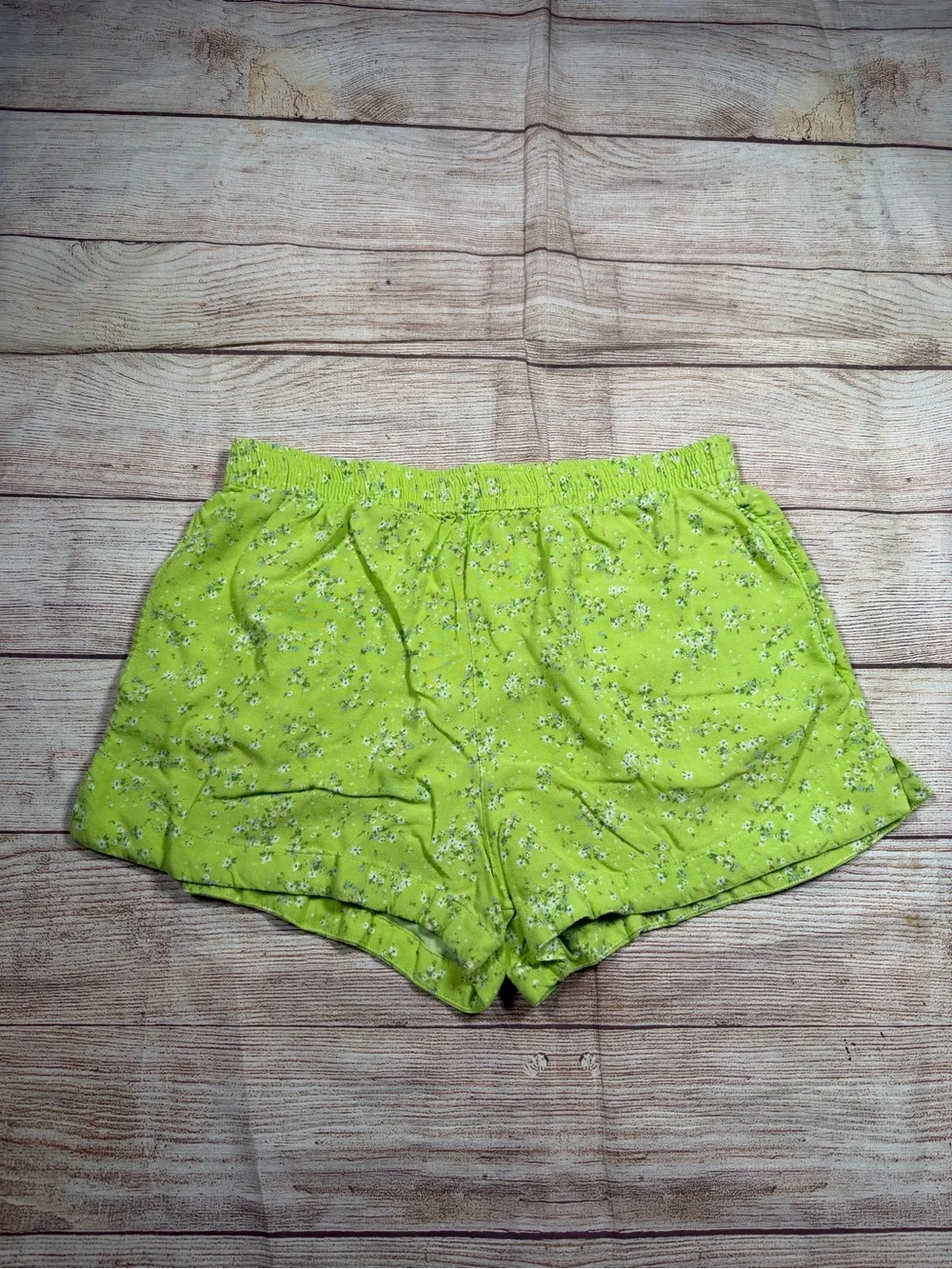 Women's Lime Green Micro Floral Elastic-Waist Shorts